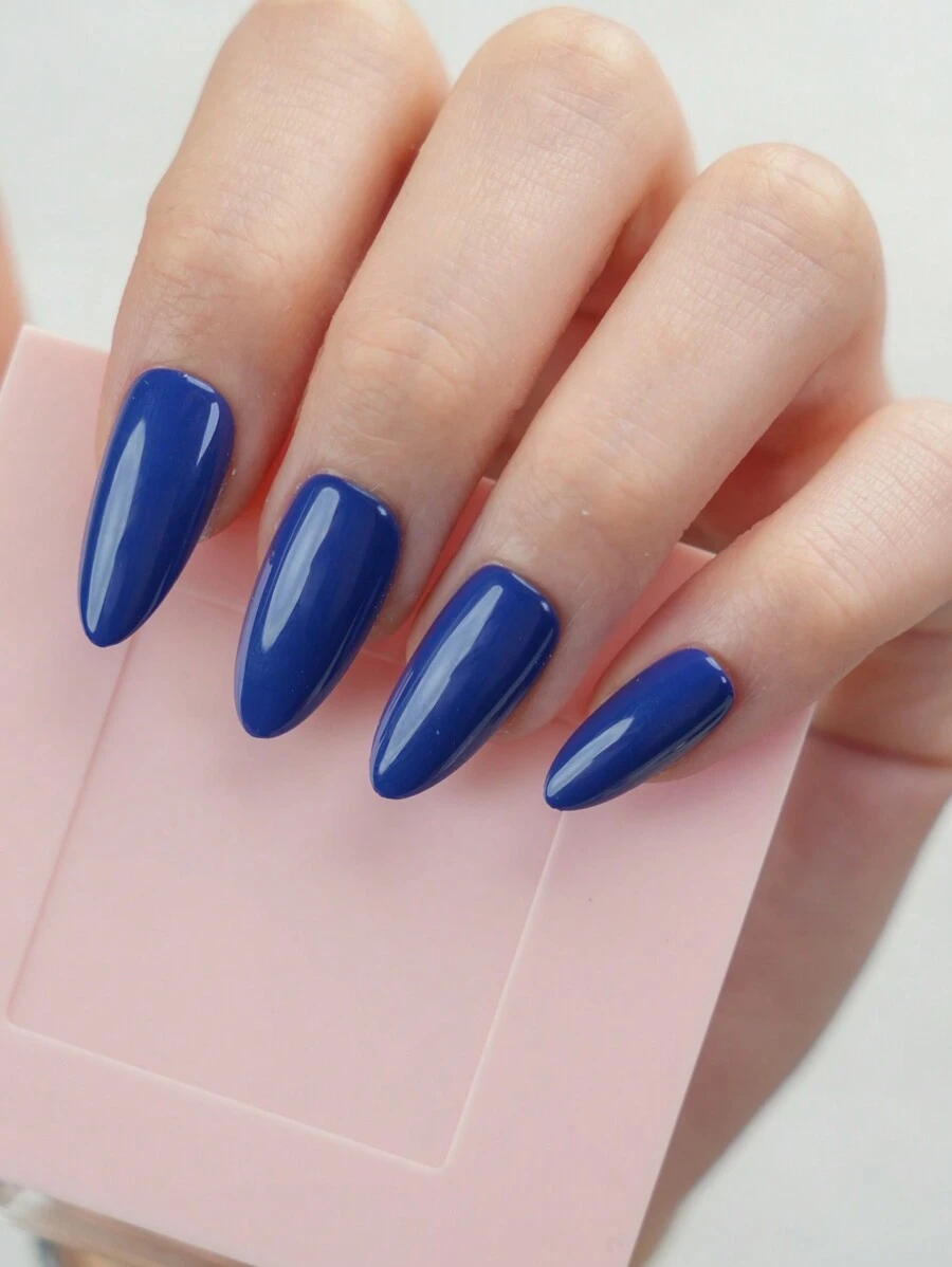 emtog 30 件裝長杏仁形寶石色淺藍色光澤假指甲,1 件指甲緩衝液,1 件果凍膠,用簡單的純色升級您的日常造型 - 寶藍色 - 查看 1