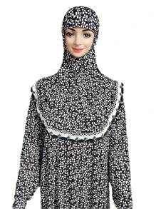 1pc/Set Women's Prayer And Home Wear 3xl Print Pattern Sport Sleeve Floor-Length Hijab With Lace Edge - Black and White - View 5
