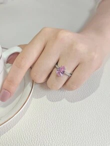 纯银粉色梨形切割订婚戒指，适合女士婚礼，可定制时尚派对个性化戒指 R6929 - 粉色 - 查看 5