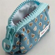 大號拉鍊卡通熊頭印花藍粉色鉛筆盒大容量化妝包文具收納盒鉛筆盒 - 藍色 - 查看 1