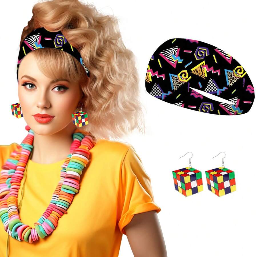 2入組80年代時尚髮箍和復古耳環,復古時尚圖案頭巾配件適用於女性 90年代復古耳環霓虹磁帶亞克力垂墜式,回到80年代70年代派對,b款 - 彩色 - 查看 1