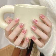 20入組全尺寸手工製作的冰透粉貓眼美甲貼,新年煙花假美甲貼, 秋冬可拆卸按壓式貼指甲片,適用於女性手工裝飾 - 粉色 - 查看 4