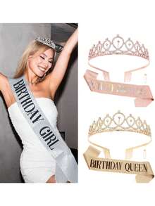 1個時尚生日皇冠肩帶套裝 生日女孩皇后派對腰帶 水晶皇冠 - BIRTHDAY GIRL香檳金套裝 - 查看 3