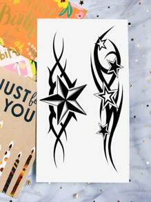 1張酷炫黑色圖騰風格暫時性紋身貼紙,男女均可使用,極簡主義星星圖案,防水假紋身和友誼情侶禮物,持續2-5天,遮蓋疤痕,可用於手臂、手腕、肩膀、腿、腰、頸、手等部位 - 黑色 - 查看 6