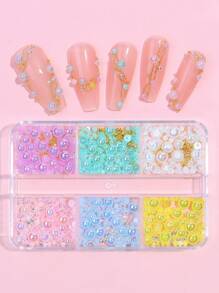 6-Grid Box Of Mixed Color Half-Sphere Pearl Nail Art Accessory With Metallic Beads, Suitable For Everyday, Festival And Outdoor Use - Multicolor - View 1