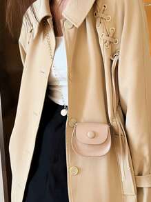 新品實色迷你鞍包,適用於青少女,韓式鏈條斜跨包,時尚簡約淑女肩背包 - 卡其色 - 查看 3