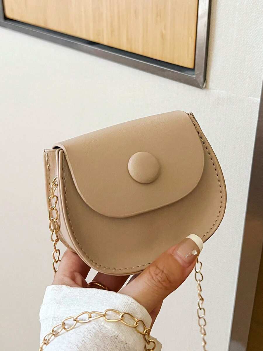 新品實色迷你鞍包,適用於青少女,韓式鏈條斜跨包,時尚簡約淑女肩背包 - 卡其色 - 查看 1