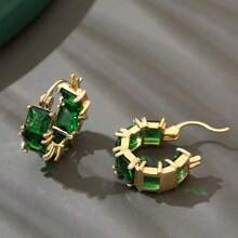 1pair Women's Minimalist Fashion Earrings, Green Glass Circle Ear Clip, Unique Design Daily Ear Accessory, Festival Gift Birthday Present