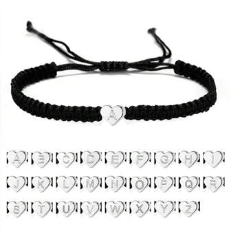 1 pieza Pulsera de pareja trenzada con forma de corazón en color negro de acero inoxidable y tono plateado, con opción de 26 letras en inglés para el Día de San Valentín