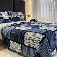 1pc Simple Striped Plaid Splicing Printed Blanket, Soft Warm Bedspread Or Shawl, Suitable For Living Room And Bedroom Furniture Decoration