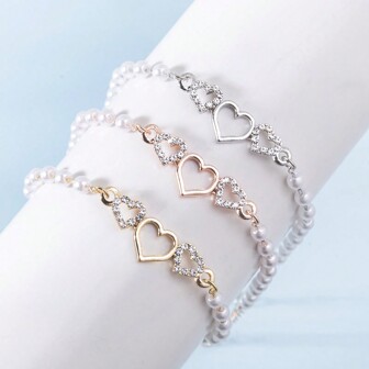 1 件时尚高端优雅金属水钻心形和无限符号仿珍珠链手链，适合女性日常佩戴，是感恩节、情人节、朋友的绝佳礼物