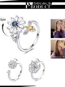 3Pcs Fidget Rings For Anxiety For Women Cubic Zirconia Adjustable  Ring Calming Worry Meditation Anxiety Ring With Beads Stress Relief Ring Set - Silver - View 2