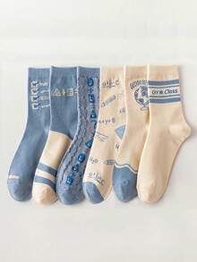 6pairs/Set Women'S Fashionable Mid-Calf Socks, Must-Have For School - Multicolor - View 1