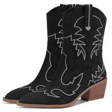 Monrovia Womens Cowgirl Boots Wide Calf Cowboy Boots Mid-Calf Pointed Toe Low Block Heel Embroidered Cowgirl Outfit - 黑色 - 查看 1