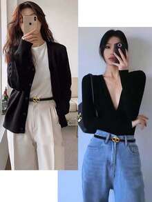 1根女士復古高端優雅休閒時尚細腰帶,配有幾何合金扣,適合搭配各種衣服 - 黑色 - 查看 2