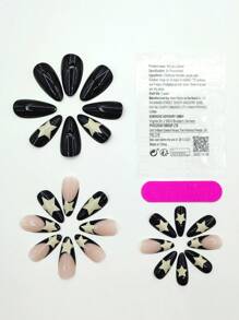 Transform Your Nails With 24pcs Y2K Aesthetic Medium Almond Black French Star Pattern Fake Nail & 1sheet Tape & 1pc Nail File Press On Nails Nail Supplies - Multicolor - View 3