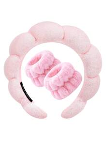 Spa 头带和腕带套装，用于洗脸、化妆和护肤，配有海绵、柔软毛巾和防滑发带，适合女孩，粉色 - 粉色 - 查看 1