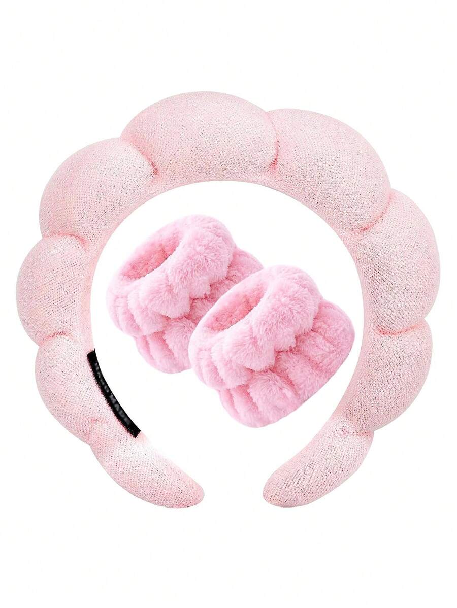 Spa 头带和腕带套装，用于洗脸、化妆和护肤，配有海绵、柔软毛巾和防滑发带，适合女孩，粉色 - 粉色 - 查看 1