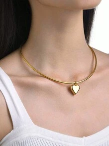 1 件不锈钢心形串珠吊坠欧美风格时尚设计简约个性项链金色心形项链女士 - 金黃色 - 查看 9