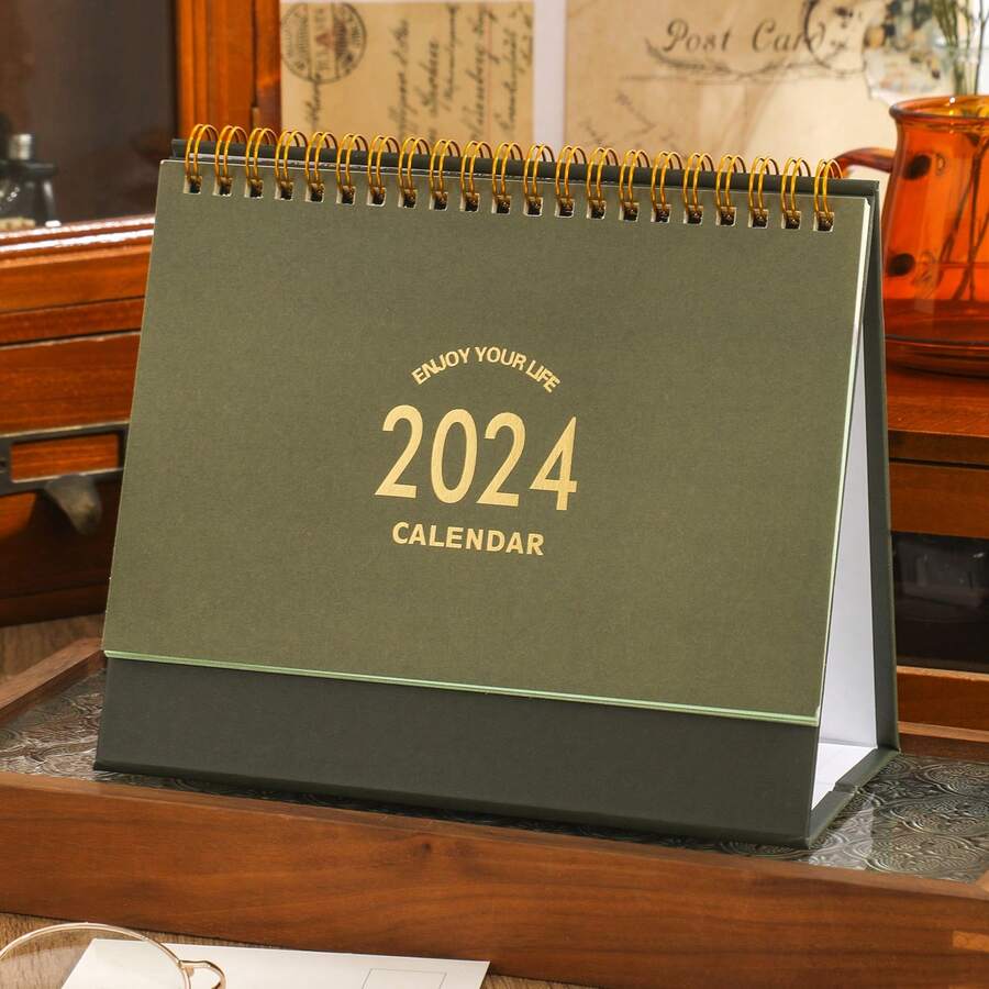 2024年桌上型立式翻頁式桌面月曆,從現在至2024年12月 - 金屬環雙線圈裝訂的小型桌面月曆,適用於家庭辦公室學校 - 綠色 - 查看 1