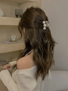 優雅的假珍珠極簡主義鱷魚夾，適合日常使用、辦公室、上下班、學校、假期、節日禮物 - 白色 - 查看 2