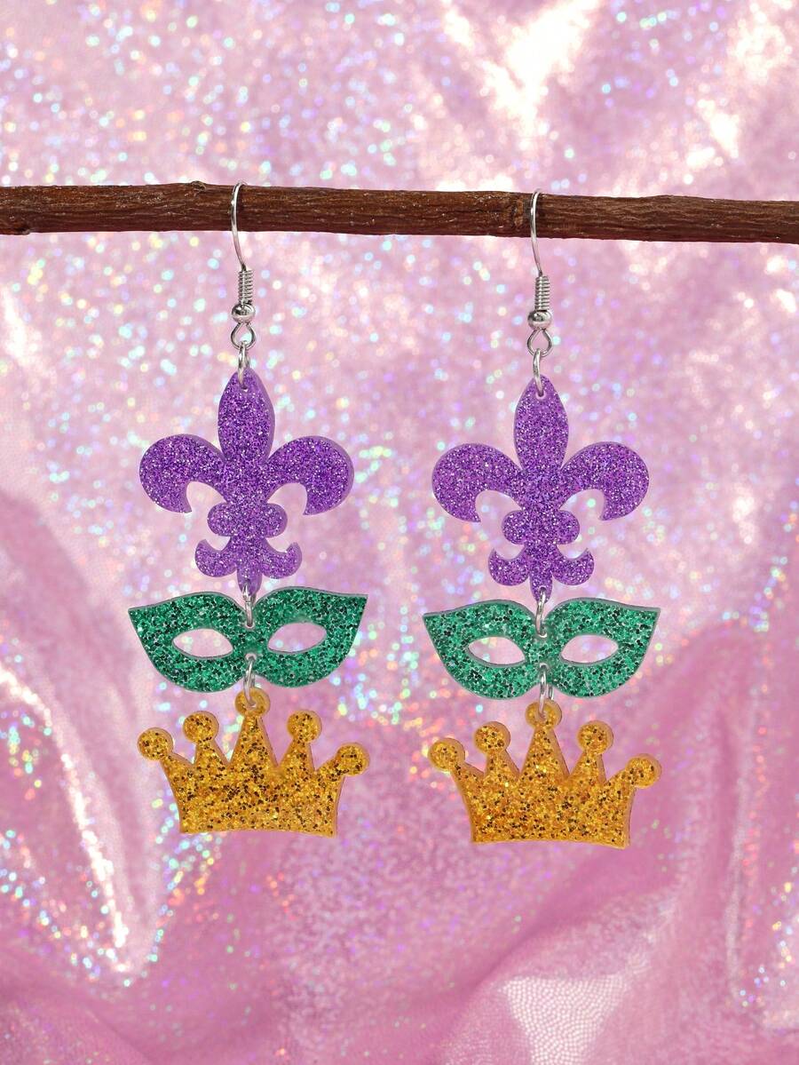 1 par de pendientes con forma de máscara, corona, langosta y corona de flores brillantes, adecuados para que las mujeres y niñas los usen en carnavales y otros festivales, pueden ser accesorios y joyas - vistoso - Ver 1