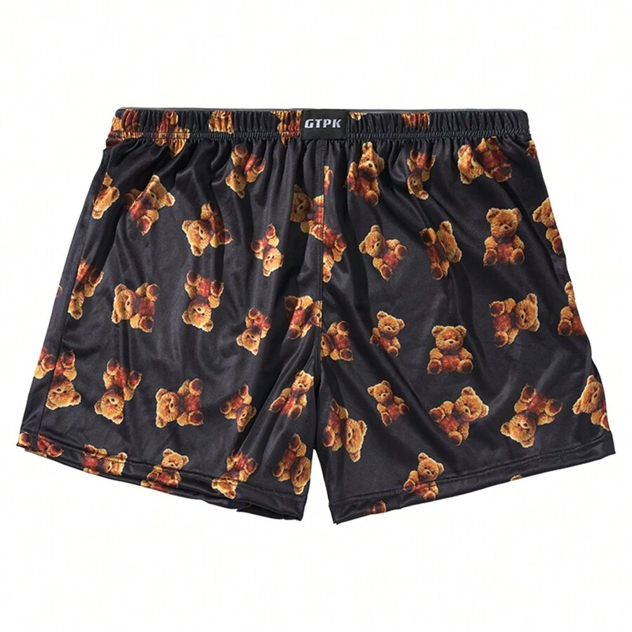 男士一體化舒適短褲，有彈性腰帶和可愛的熊印花 - 黑色 - 查看 1