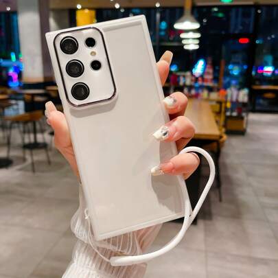 1pc White Precision Hole Anti-Fall Electroplated Frame Lens Film Protection Diy Soft Rubber Mobile Phone Lanyard Tpu Soft Shell Compatible With Apple, Compatible With Samsung, Compatible With Xiaomi, Compatible With Oppo Protective Cover,International Version, Not The Domestic Version