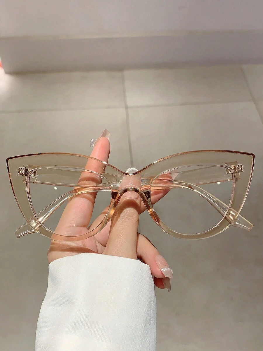 New Simple Cat Eye Glasses, Fashionable Retro Multi-Color Frame Women's Decorative Glasses - Champagne - View 1