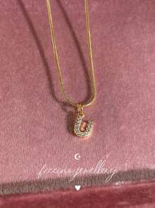 Ficcino Mini English Letter Gold Plated & Cubic Zirconia Inlay First Letter Pendant Necklace Women's Daily Wear Snake Chain Collarbone Chain Holiday Anniversary Gift With Box - Letter Necklace - View 15