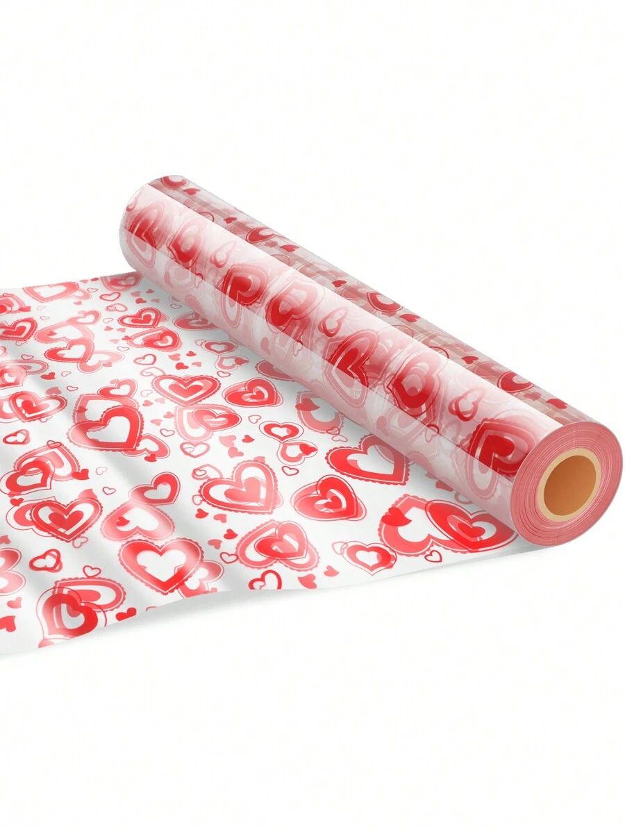 1 件红色心形玻璃纸卷，80 厘米 X 30 米玻璃纸卷，空心心形设计，适用于礼品包装篮鲜花情人节
