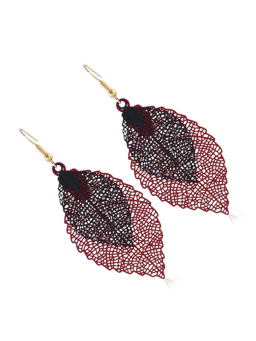 1對金屬雙層、多色中空葉設計、復古時尚、戲劇性耳環,紅色和黑色 - HLA2234-3 - 查看 1