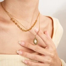 1條時尚貓眼石設計不銹鋼雙層頸鏈,外觀高端,適合女性日常佩戴 - 金色 - 查看 2