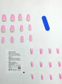 Get Glamorous With 24pcs Short Square Pink Ombre Glossy Fake Nail & 1pc Nail File & 1sheet Tape Press On Nails Nail Supplies - Multicolor - View 2