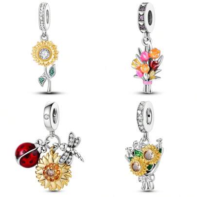 Neue 925er Silber-beschichtete Sonnenblumen-Charm-Hänger Blüten-Blumen Anhänger passend für Perlen Armband Kette Halskette DIY Schmuck Schmuckkollektion Frühling 2024 Geschenk Valentinstag