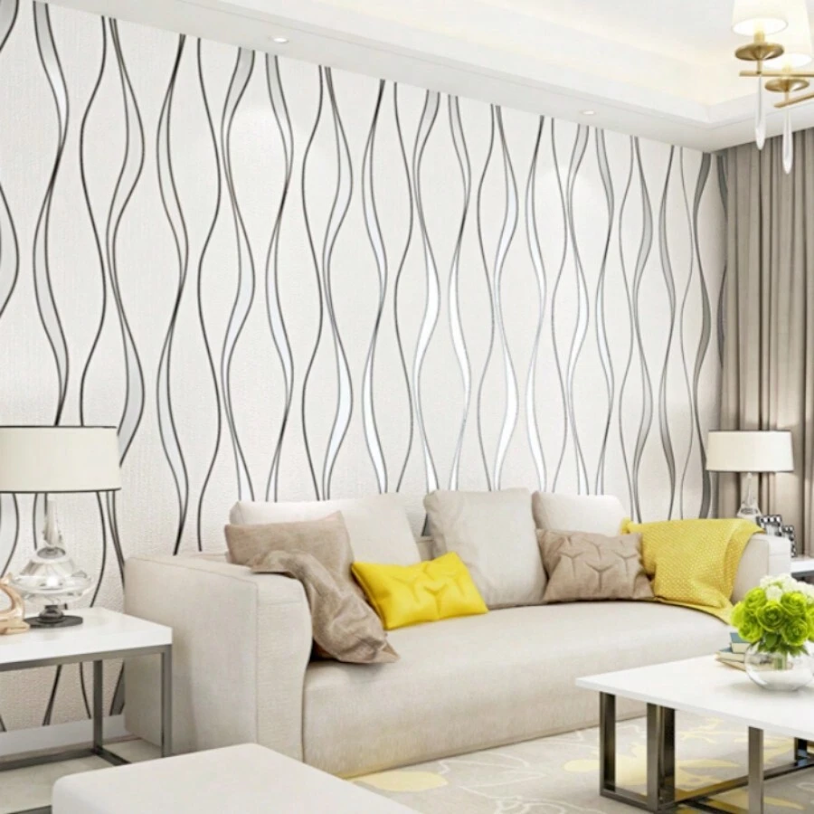 1卷米色3d水波壁紙,無異味,絨面工藝,完美升級臥室和客廳裝飾！ - 米色 - 查看 1