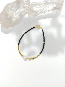 2mm Black Crystal & Gold Plated 925 Sterling Silver Beaded Bracelet With 7-8mm Faux Pearls - Gold - View 4