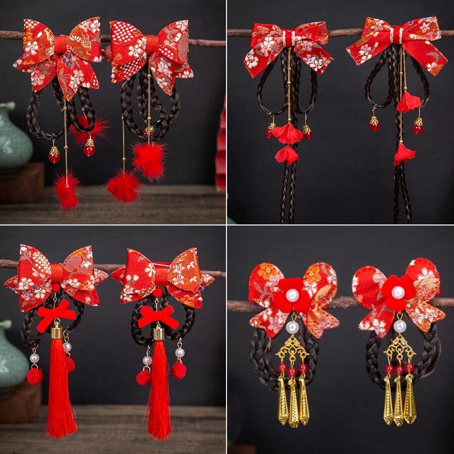 新年頭飾兒童髮飾,兒童蝴蝶結髮型,嬰兒節日髮夾 - 紅色 - 查看 1