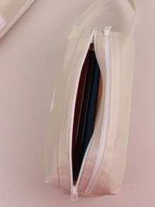 1只創意雙層拉鍊筆袋,大容量,簡約設計,適用於中高年級學生 - 米色 - 查看 3