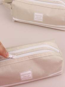 1只創意雙層拉鍊筆袋,大容量,簡約設計,適用於中高年級學生 - 米色 - 查看 4