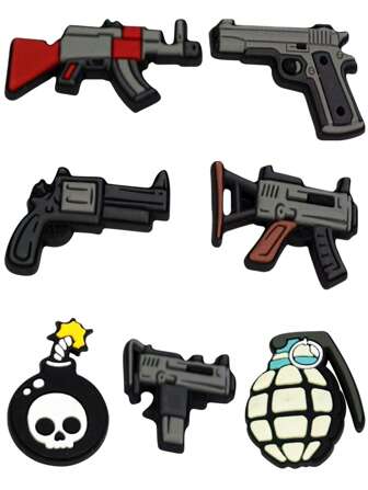 7pcs Gun Series Shoe Charms For , Sandals, Cartoon Shoe Buckles Diy Jewelry For Men, Women, Party, Birthday Gift