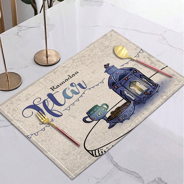 1pc Themed Linen Placemat With Lantern & English Letter Print, Heat Insulation Dining Tableware Pad