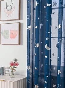 1入組輕盈柔軟銀星和月亮花紋燃燒網蕾紗窗簾 - 藍色 - 查看 7