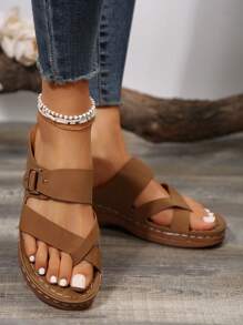 Women's Round-Toe Buckle Decor Wedge Heel Platform Sandals, Multifunctional For Outdoor Sports, Comfortable Toe Separator Sandals For Vacation - Rust Brown - View 6