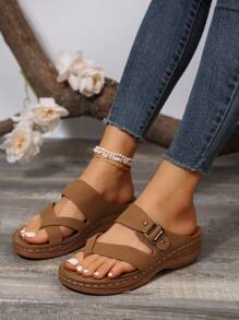 Women's Round-Toe Buckle Decor Wedge Heel Platform Sandals, Multifunctional For Outdoor Sports, Comfortable Toe Separator Sandals For Vacation - Rust Brown - View 2