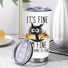 1入組20oz疲憊貓不銹鋼保溫車杯,“it's Fine”英文字杯,是工作狂朋友最好的生日禮物,新年快樂 - 黑色 - 查看 8