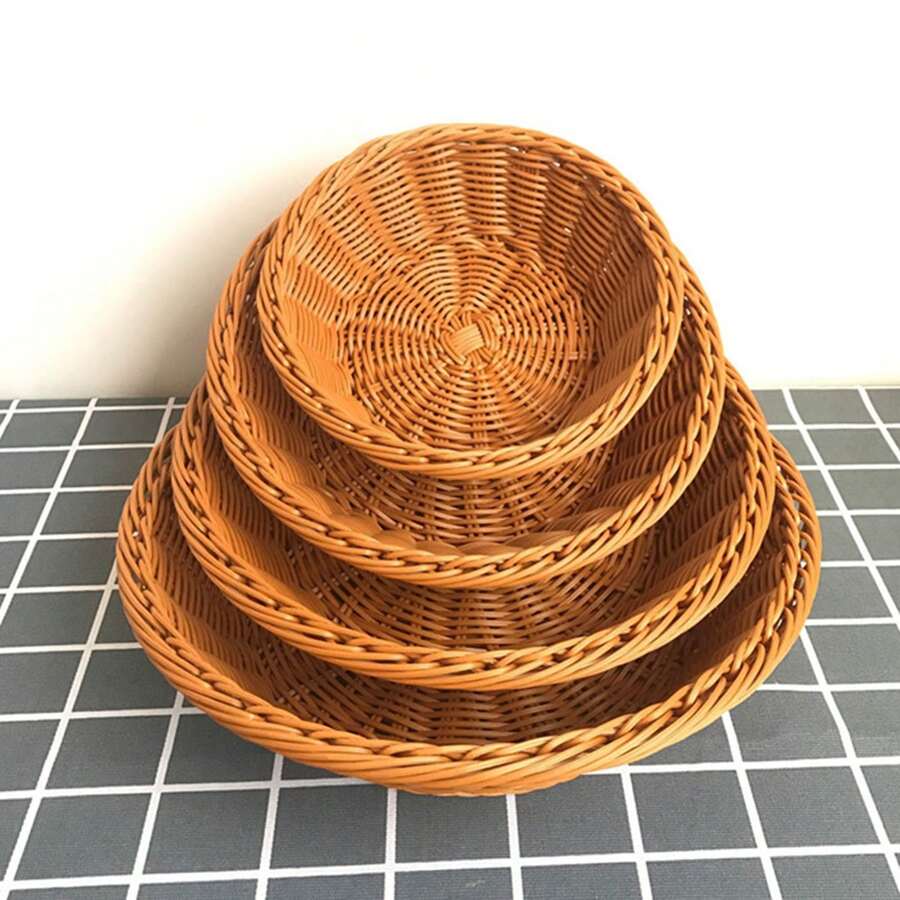 1 Pc Round Bread Display Baskets Round Woven Basket Serving Storage Bowls For Bread Candy Fruit Vegetable - Brown - View 1
