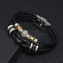 1條復古風格黃道十二宮星座手鏈,不鏽鋼扣,手工皮革編織裝飾,男女通用,情侶手鏈,個性化黑曜石學生配件 - 黑色 - 查看 1