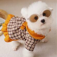 1件寵物裙子,溫暖的絨毛貓狗衣服,格子風格,適用於秋冬居家穿著,2個搭扣,蝴蝶結,公主風格 - 黃色 - 查看 5