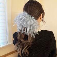 1pc Super Ethereal Feather & Fluffy Ball Hair Tie With Ponytail Holder And Bun Maker For Girls - White - View 3